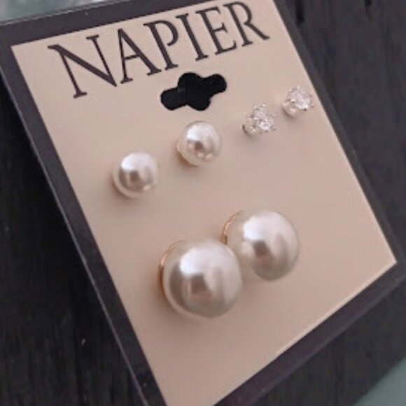 NAPIER 3pc SET Contemporary Gold White Pearl/Clear CZ Stone Stud Earrings**NEW! - Picture 3 of 3